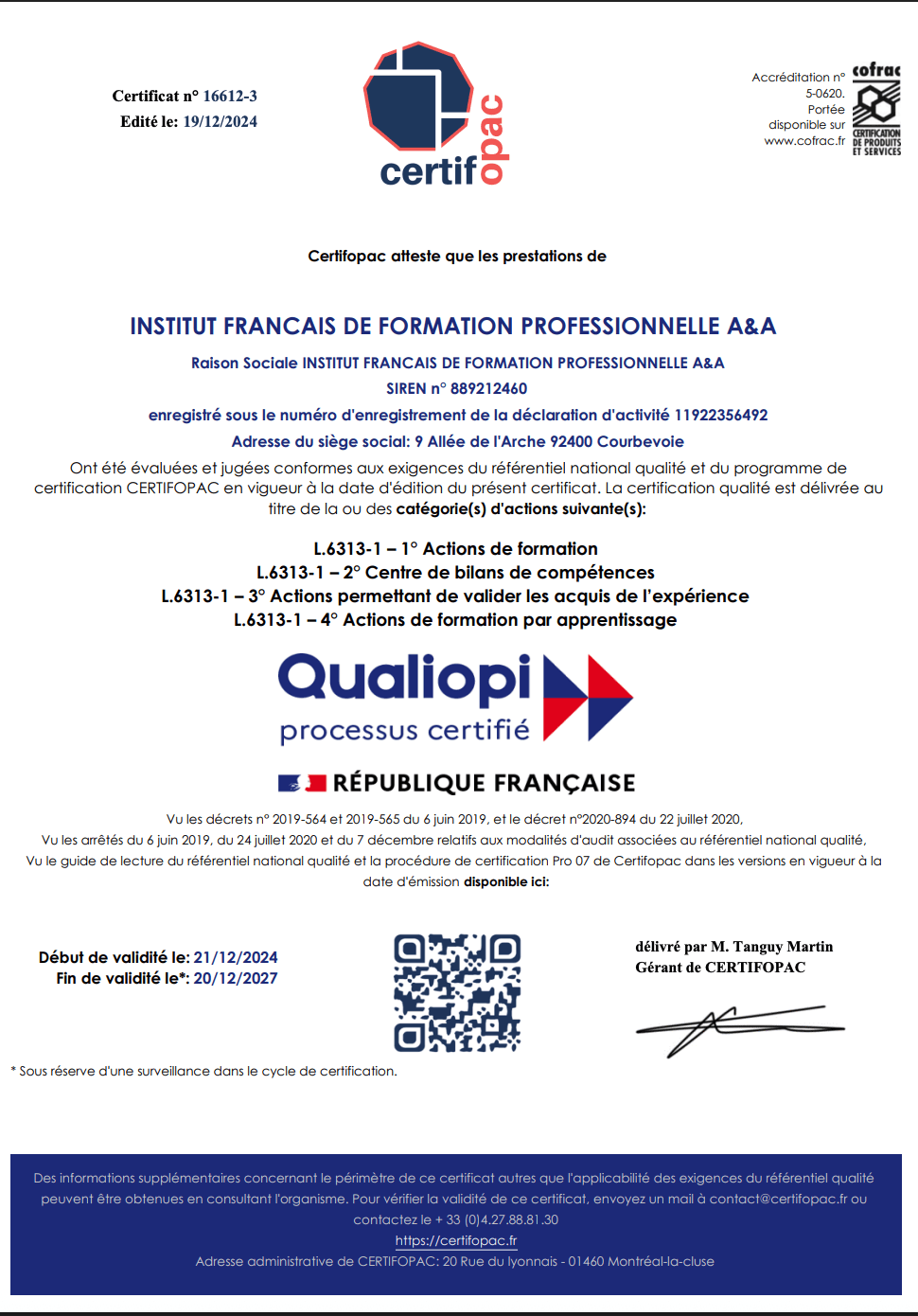Certificat QUALIOPI